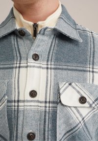 Chemise en flanelle à carreaux dans des teintes de bleu et blanc, avec un boutonnière à l'avant, deux poches poitrine et des boutons marron. Motif texturé en chevrons.