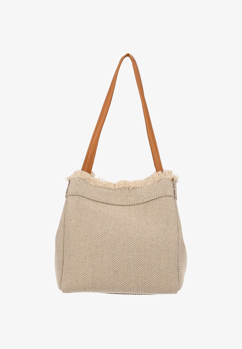 Borsa a mano con corpo in tessuto beige intrecciato, manici in pelle color cuoio e bordo superiore con frange. Design spazioso con forma strutturata.