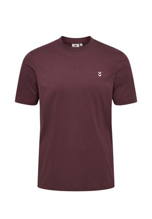 Short-sleeve crew neck t-shirt in dark burgundy with a small white double arrow logo on the left chest.