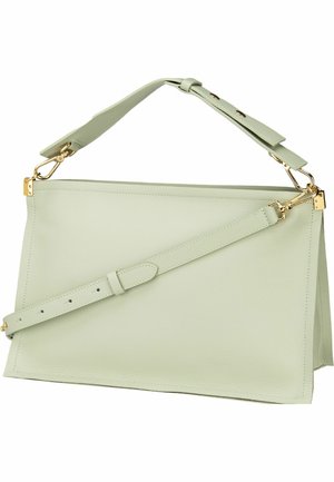 Mintgrüner Lederhandtasche mit goldener Hardware. Verfügt über einen oberen Griff, einen verstellbaren Riemen, ein flaches Design und subtile Steppdetails.