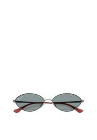 Brýle s oválnými tmavými čočkami, tenkým stříbrným kovovým rámem a červenými koncovkami stranic. Minimalistický design bez viditelných detailů hardwaru.