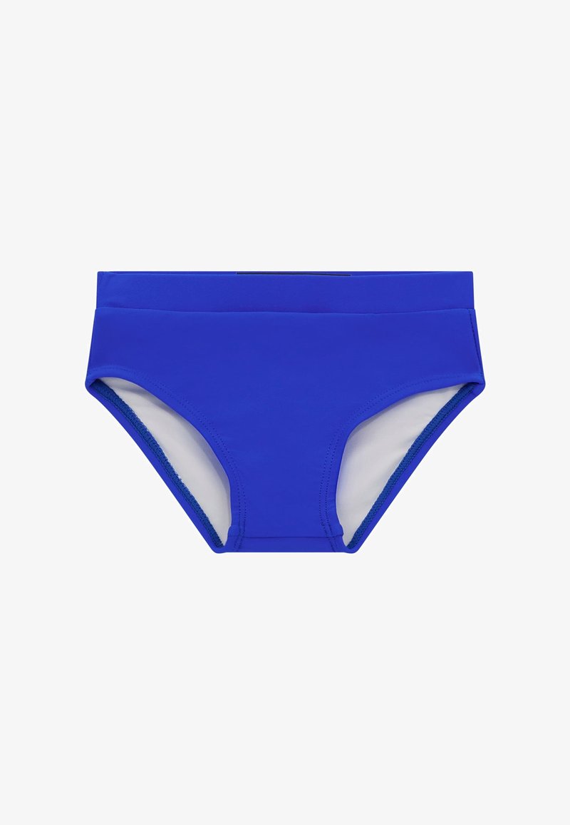 Shorts de bain bleus avec une texture lisse, présentant une large taille élastique et une doublure intérieure blanche. Aucun motif ni élément métallique présent.