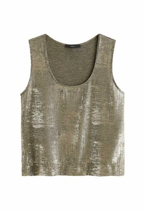Débardeur métallisé doré sans manches avec encolure arrondie et tissu légèrement texturé et scintillant, étiquette de marque "Next" à l'intérieur du col.
