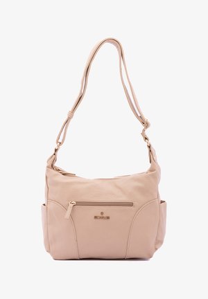 Borsa a tracolla in pelle beige con superficie testurizzata, cintura regolabile e tasca con zip frontale. Presenta dettagli del logo e accenti lisci.
