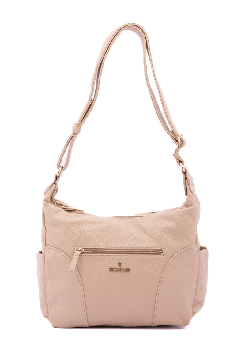 Borsa a tracolla in pelle beige con superficie testurizzata, cintura regolabile e tasca con zip frontale. Presenta dettagli del logo e accenti lisci.