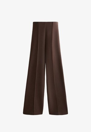 Brown wide-leg trousers made of soft fabric, featuring pleated details along the front and a straight cut from the waist to the hem.