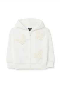 Sudadera blanca con cremallera, que presenta una textura suave y esponjosa, adornada con tres apliques texturizados en forma de nube en la parte delantera. Incluye capucha y puños acanalados.