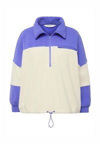 Fleece-Pullover in Lila und Creme, mit einem Reißverschlusskragen, Fronttasche, elastischen Bündchen und einem Kordelzugsaum für eine verstellbare Passform.
