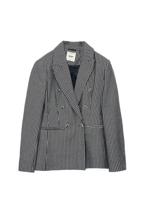 Dobbeltknappet blazer i marineblå med hvide striber. Har en klassisk krave, to frontlommer og tekstureret stof med kontrasterende sømme.