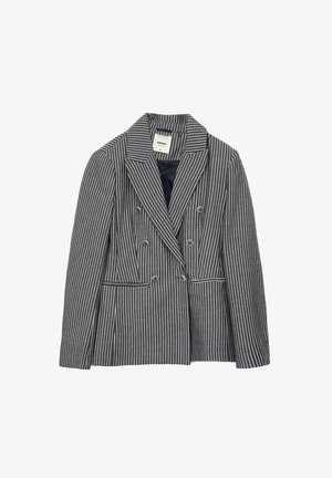 Double-breasted blazer in navy and white stripes. Features a notched collar, two front pockets, and textured fabric with contrasting seams.