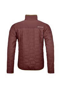 Maroon insulated jacket with a high collar, textured quilted pattern, and green accents at the hem and cuffs. Logo on the upper back.