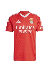 Červený futbalový dres s horizontálnymi pruhmi, s výstrihom do V, bielymi akcentmi a logom Benfica. Vyrobený z ľahkého, priedušného materiálu.