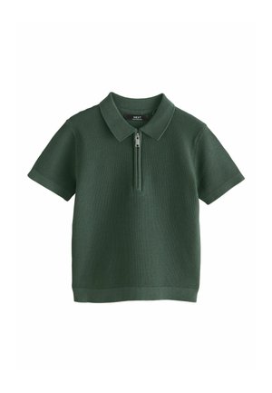 Dunkelgrünes, kurzärmeliges Strick-Poloshirt mit strukturiertem Muster und einem Reißverschluss an der Vorderseite, der vom Kragen ausgeht.