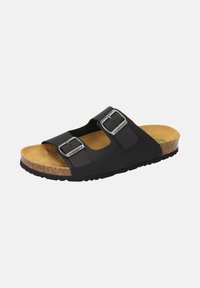 Sandal nera a due cinturini con fibbie metalliche, pedana in sughero e suola in gomma testurizzata, caratterizzata da un design piatto e aperto per un facile indossamento.
