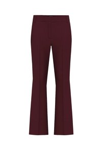 Pantaloni svasati bordeaux realizzati in un tessuto morbido, con vita aderente, due pinces frontali e un design senza cuciture.