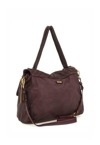 Borsa a tracolla in pelle marrone scuro con doppi manici, hardware dorato e cuciture visibili sui bordi, su uno sfondo bianco.
