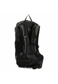 Schwarzer Rucksack mit Netzrücken und Schultergurten, ausgestattet mit verstellbaren Schnallen und einem geräumigen Hauptfach mit einer vorderen Reißverschlusstasche.