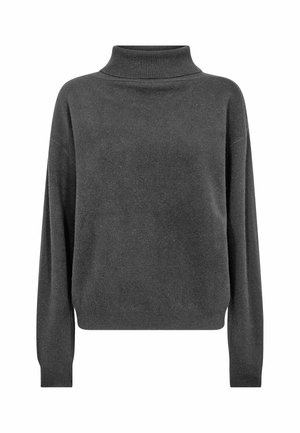 Pull à col roulé manches longues gris foncé avec col, poignets et ourlet côtelés, présenté sur fond blanc.