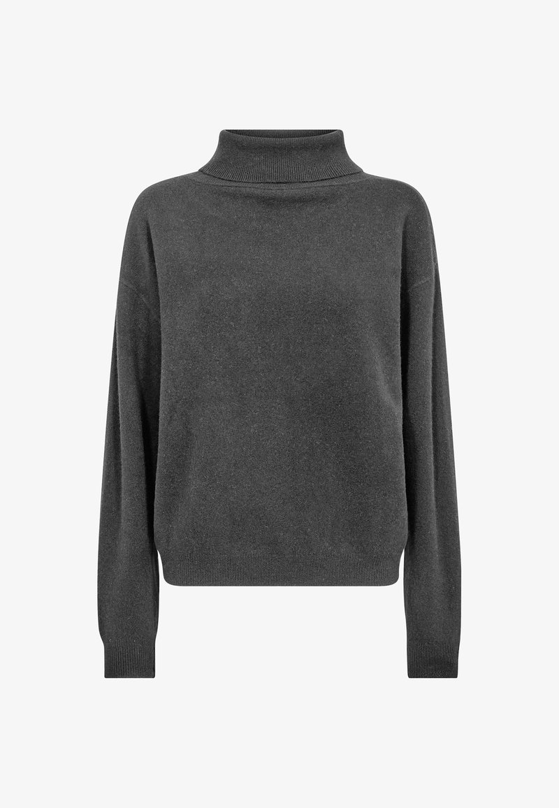 Pull à col roulé manches longues gris foncé avec col, poignets et ourlet côtelés, présenté sur fond blanc.