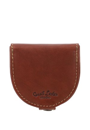 Brown leather coin purse with rounded flap, beige stitching, and embossed "Gusti Leder studio" logo on front.