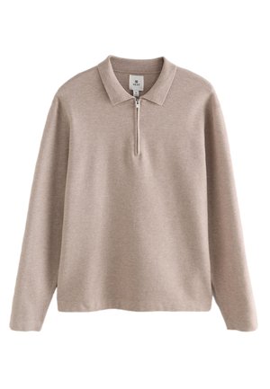 Beige long-sleeve knit polo shirt with a collar and a short front zipper, size medium, brand labeled "Next."