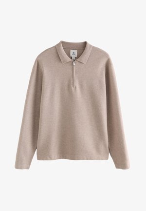Beige long-sleeve knit polo shirt with a collar and a short front zipper, size medium, brand labeled "Next."