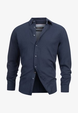 Granatowa koszula zapinana na guziki, wykonana z miękkiego materiału, z kołnierzykiem, długimi rękawami oraz subtelnymi akcentami logo na klatce piersiowej i u dołu.