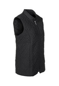 Schwarze gesteppte Weste mit hohem Kragen, seitlichen Taschen und einem Reißverschluss vorne. Das Material hat ein geometrisches Muster.