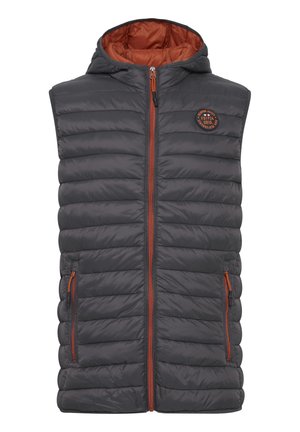 Polstret ærmeløs vest i mørkegrå med en orange indvendig. Har en hætte, frontlynlås og sidelommer med orange detaljer.