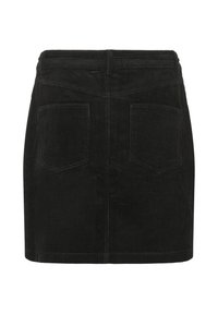 Jupe mini en velours côtelé noir avec des rayures verticales, deux poches arrière et une taille avec passants de ceinture. L'ourlet est droit.