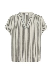 Gestreepte korte mouwen top in lichtbeige met donkergrijze verticale lijnen, voorzien van een V-halslijn en zachte, gestructureerde stof.