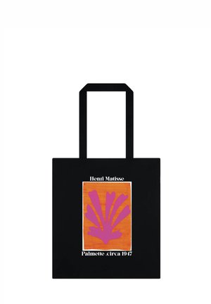 Czarna torba na ramię z uchwytami, z wzorem Henri Matisse przedstawiającym fioletowy kształt liścia na pomarańczowym tle, oznaczona "Palmette circa 1947."