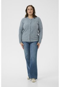 Cardigan lavorato a maglia azzurro chiaro con scollo rotondo, maniche lunghe e chiusura con bottoni, abbinato a jeans denim a zampa e sneakers bianche.