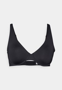 Black wireless bra with smooth, stretchy fabric, plunging neckline, wide straps, and a hook-and-eye back closure. No visible seams or embellishments.