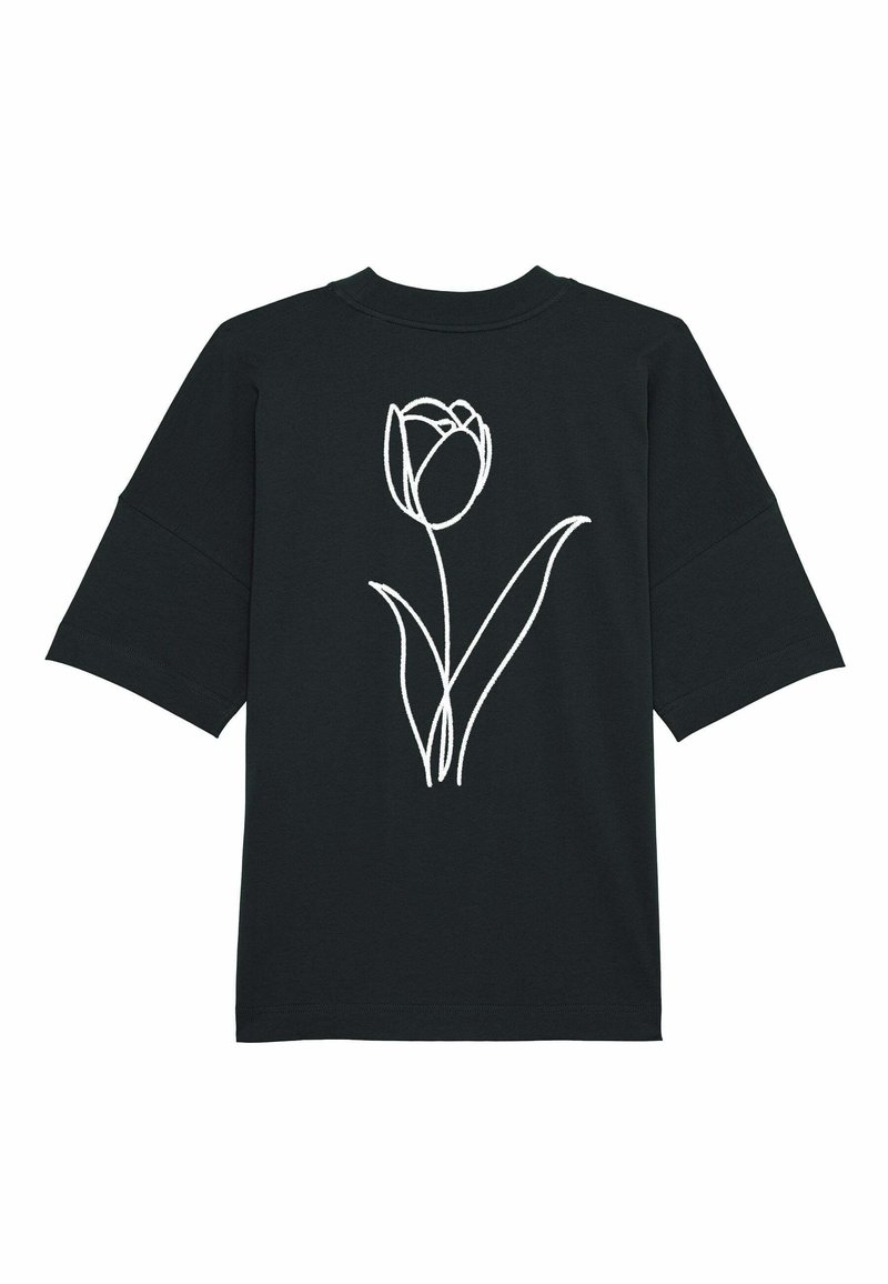 Zwart T-shirt met korte mouwen, met een witte lijntekening van een tulp op de rug. Gemaakt van zachte, lichtgewicht stof met een relaxte pasvorm.