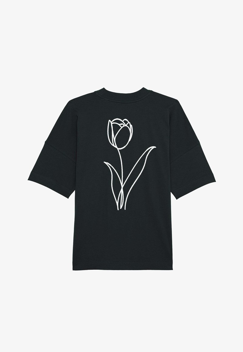 Black short-sleeve T-shirt featuring a white line drawing of a tulip on the back. Made from soft, lightweight fabric with a relaxed fit.