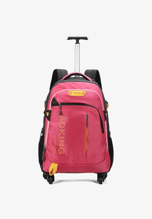 Pink rolling backpack with black accents, adjustable handle, padded straps, multiple zippered compartments, and textured fabric.