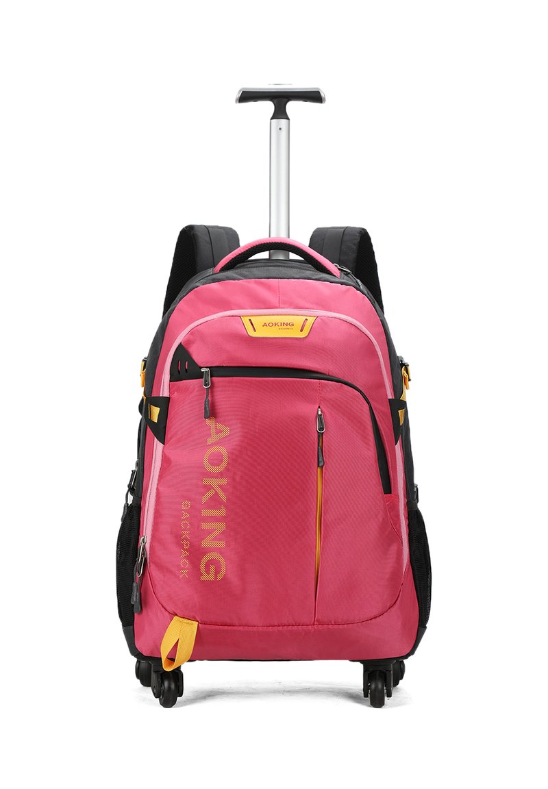 Zaino a rotelle rosa con accentuazioni nere, manico regolabile, spallacci imbottiti, molteplici scomparti con zip e tessuto testurizzato.