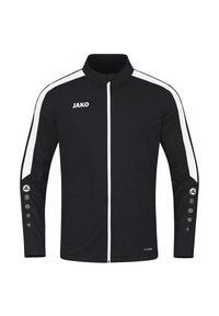 Schwarze Jacke mit weißen Streifen an den Schultern und Ärmeln. Verfügt über einen Reißverschluss vorne, einen strukturierten Kragen und runde Knopfdetails an den Ärmeln.