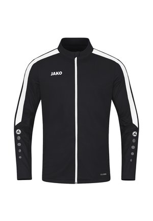 Veste noire avec des rayures blanches le long des épaules et des manches. Dispose d'une fermeture éclair à l'avant, d'un col structuré et d'accents de boutons circulaires sur les manches.