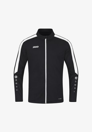 Schwarze Jacke mit weißen Streifen an den Schultern und Ärmeln. Verfügt über einen Reißverschluss vorne, einen strukturierten Kragen und runde Knopfdetails an den Ärmeln.