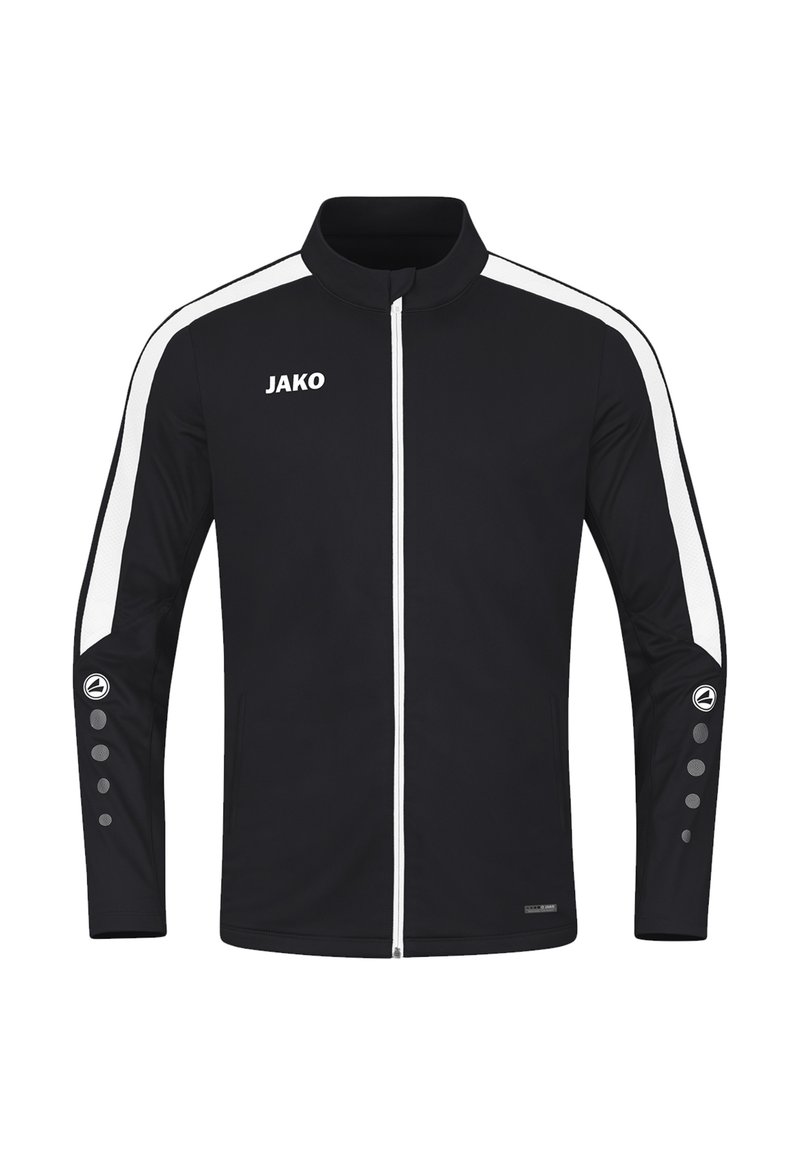 Schwarze Jacke mit weißen Streifen an den Schultern und Ärmeln. Verfügt über einen Reißverschluss vorne, einen strukturierten Kragen und runde Knopfdetails an den Ärmeln.