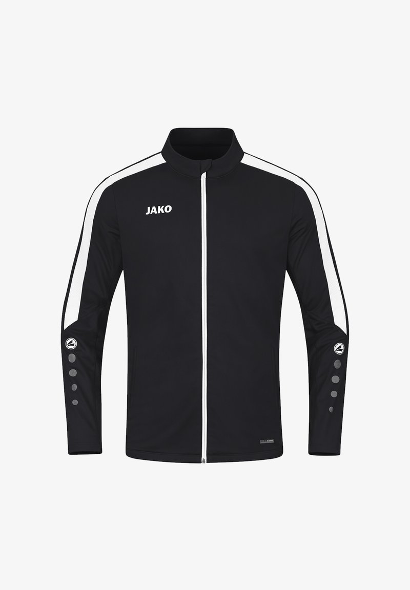 Schwarze Jacke mit weißen Streifen an den Schultern und Ärmeln. Verfügt über einen Reißverschluss vorne, einen strukturierten Kragen und runde Knopfdetails an den Ärmeln.