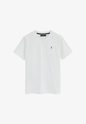 Biały T-shirt z krótkim rękawem i dekoltem w serek, z małym czarnym logo gracza polo po lewej stronie klatki piersiowej oraz czarnym detalem na kołnierzu od wewnątrz.