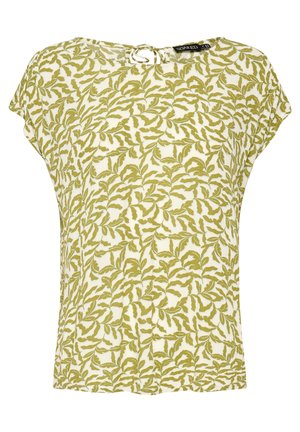 Bluzka z krótkim rękawem, z zielonym wzorem liści na białej tkaninie, z okrągłym dekoltem i małym otworem zapinanym na guzik z tyłu.