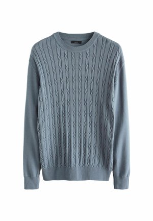 Pull bleu clair avec texture en maille torsadée, col rond et poignets et ourlet côtelés. Le tissu tricoté doux offre une sensation de confort.