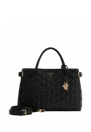 Sac à main matelassé noir avec motif géométrique, accessoires dorés, double poignée et bandoulière amovible. Logo de la marque affiché sur le devant.