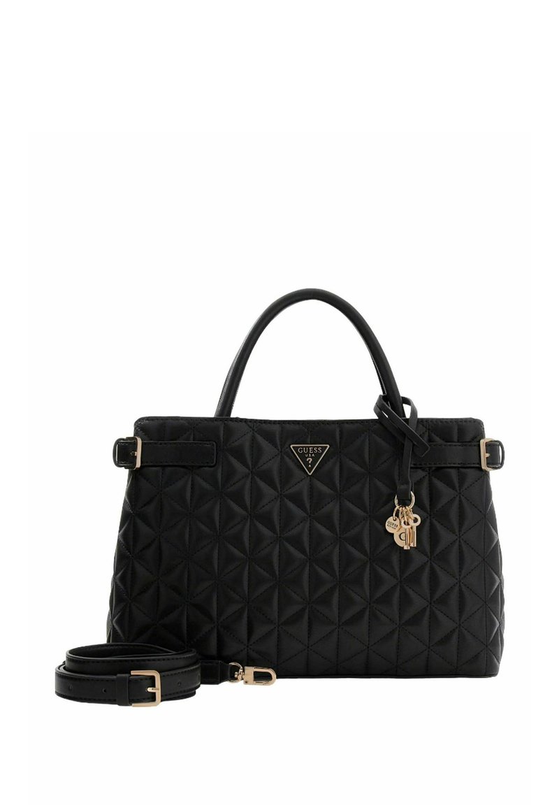 Sac à main matelassé noir avec motif géométrique, accessoires dorés, double poignée et bandoulière amovible. Logo de la marque affiché sur le devant.