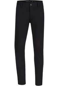 Pantaloni neri realizzati in tessuto elasticizzato con una vestibilità slim, dotati di chiusura con bottone e passanti per la cintura; texture liscia senza motivi visibili.
