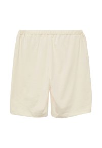 Weiche, hellbeige Shorts mit einem elastischen Bund, knielang und minimalen Nähdetails. Hergestellt aus einem glatten, atmungsaktiven Stoff.
